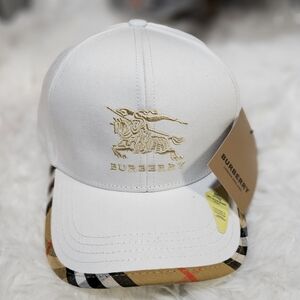 Burberry White Cap with Beige Logo and Check Brim